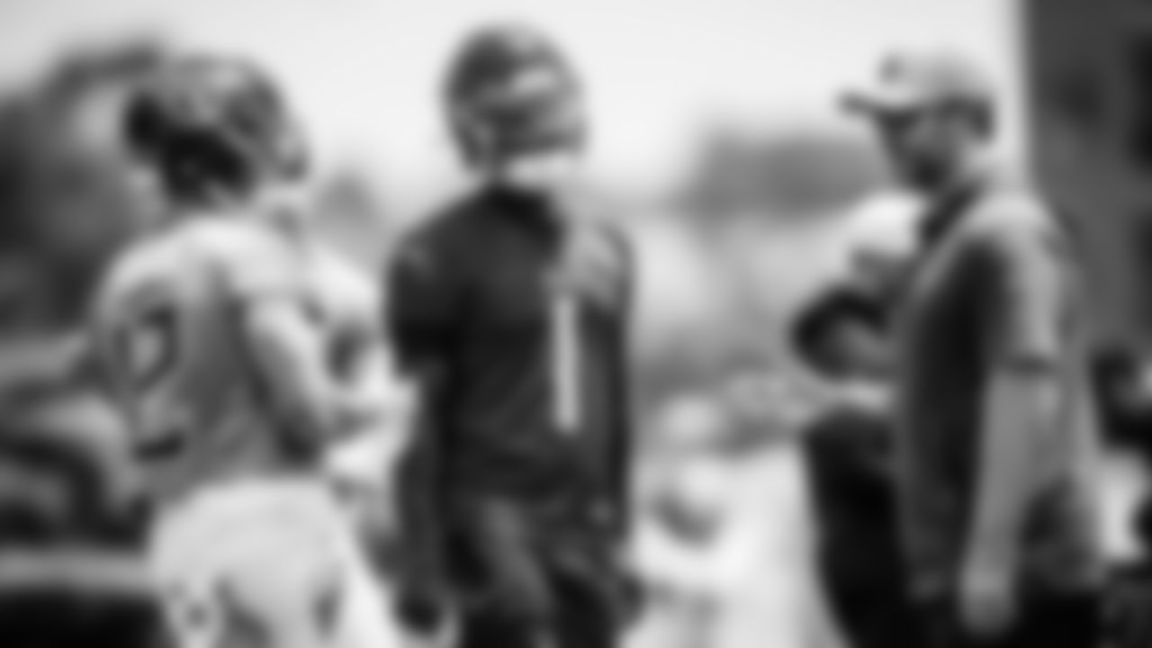 Quarterback Cam Ward #1 of the Tennessee Titans, Wide receiver Mason Kinsey #12 of the Tennessee Titans and Head coach Brian Callahan of the Tennessee Titans during minicamp at the Ascension Saint Thomas Sports Park on June 10, 2025 in Nashville, TN. Photo By Donald Page/Tennessee Titans