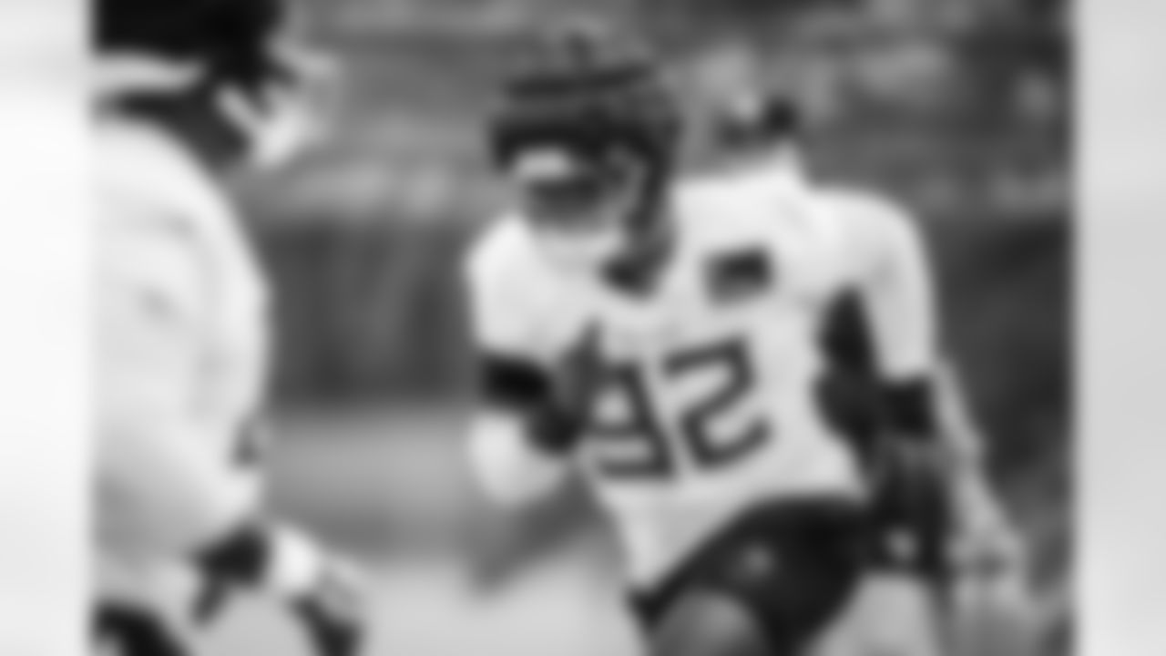 Outside linebacker Jaylen Harrell #92 of the Tennessee Titans during practice at the Ascension Saint Thomas Sports Park on December 24, 2025 in Nashville, TN. Photo By Beau Brune/Tennessee Titans