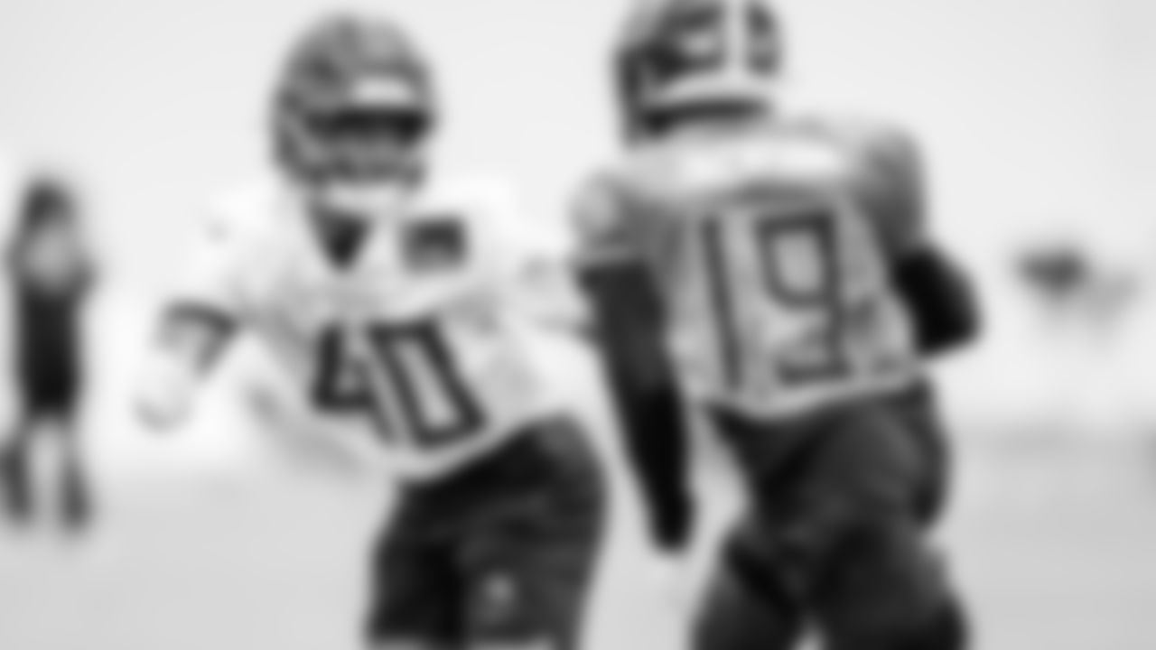 Cornerback Davion Ross #40 of the Tennessee Titans during phase 3 practice at the Ascension Saint Thomas Sports Park on May 28, 2025 in Nashville, TN. Photo By Donald Page/Tennessee Titans
