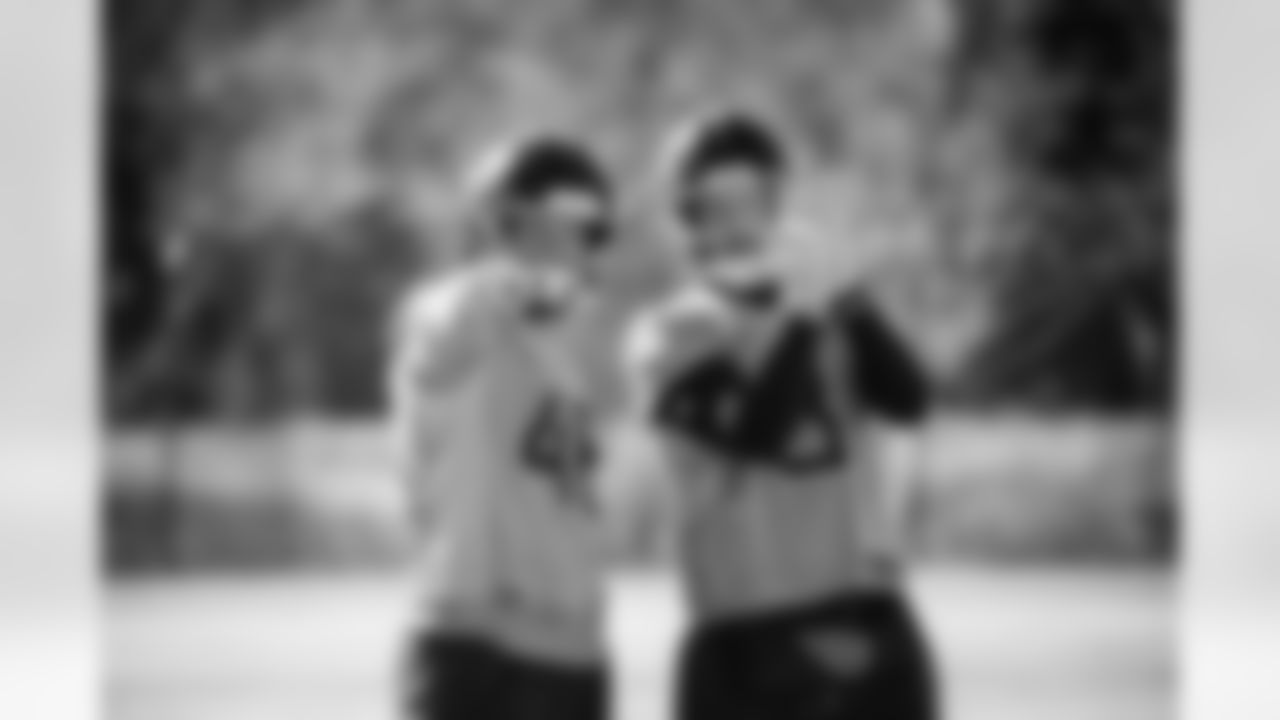 Longsnapper Morgan Cox #46 of the Tennessee Titans and Punter Johnny Hekker #3 of the Tennessee Titans during practice at the Ascension Saint Thomas Sports Park on November 27, 2025 in Nashville, TN. Photo By Donald Page/Tennessee Titans