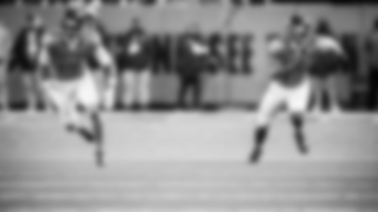 Wide receiver Chimere Dike #17 of the Tennessee Titans and Wide receiver Xavier Restrepo #87 of the Tennessee TitansWide receiver Chimere Dike #17 of the Tennessee Titans, Wide receiver Xavier Restrepo #87 of the Tennessee Titans during the game between the Tennessee Titans and the Jacksonville Jaguars at Nissan Stadium on November 30, 2025 in Nashville, TN. Photo By Donald Page/Tennessee Titans