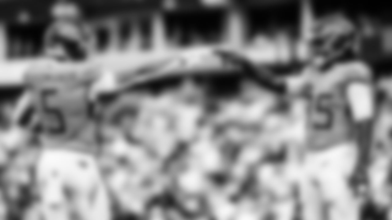 Wide receiver Elic Ayomanor #5 of the Tennessee Titans, Tight end Chig Okonkwo #85 of the Tennessee Titans during the game between the Tennessee Titans and the New Orleans Saints at Nissan Stadium on December 28, 2025 in Nashville, TN. Photo By Donald Page/Tennessee Titans