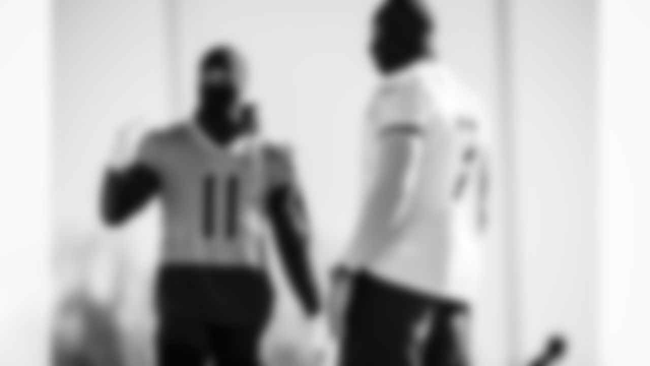 Wide receiver Van Jefferson #11 of the Tennessee Titans and Outside linebacker Oluwafemi Oladejo #7 of the Tennessee Titans during practice at the Ascension Saint Thomas Sports Park on December 19, 2025 in Nashville, TN. Photo By Jessie Rogers/Tennessee Titans