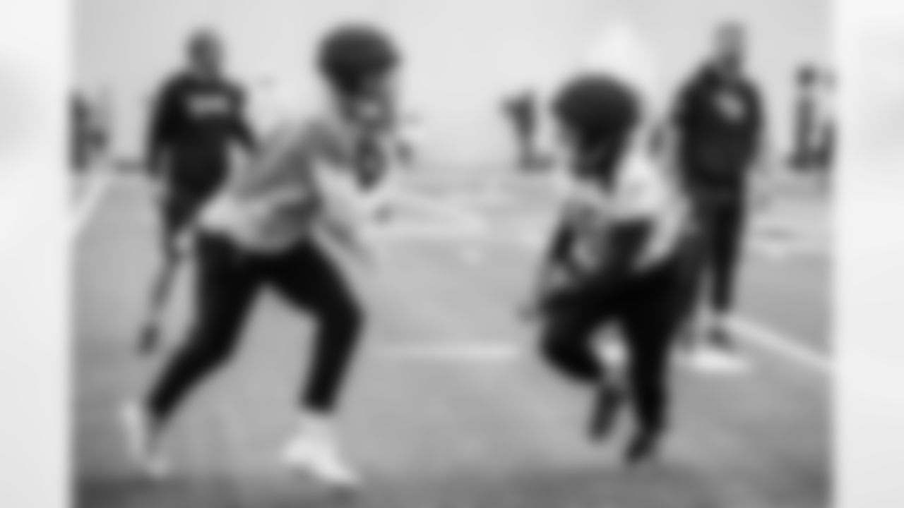 Tight end Gunnar Helm #84 of the Tennessee Titans and Outside linebacker Nate Lynn #45 of the Tennessee Titans during practice in the bubble at the Ascension Saint Thomas Sports Park on December 18, 2025 in Nashville, TN. Photo By Donald Page/Tennessee Titans