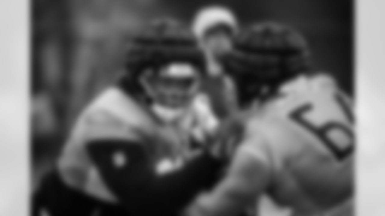 Tackle JC Latham #55 of the Tennessee Titans and Guard Jackson Slater #64 of the Tennessee Titans during practice at the Ascension Saint Thomas Sports Park on December 10, 2025 in Nashville, TN. Photo By Donald Page/Tennessee Titans