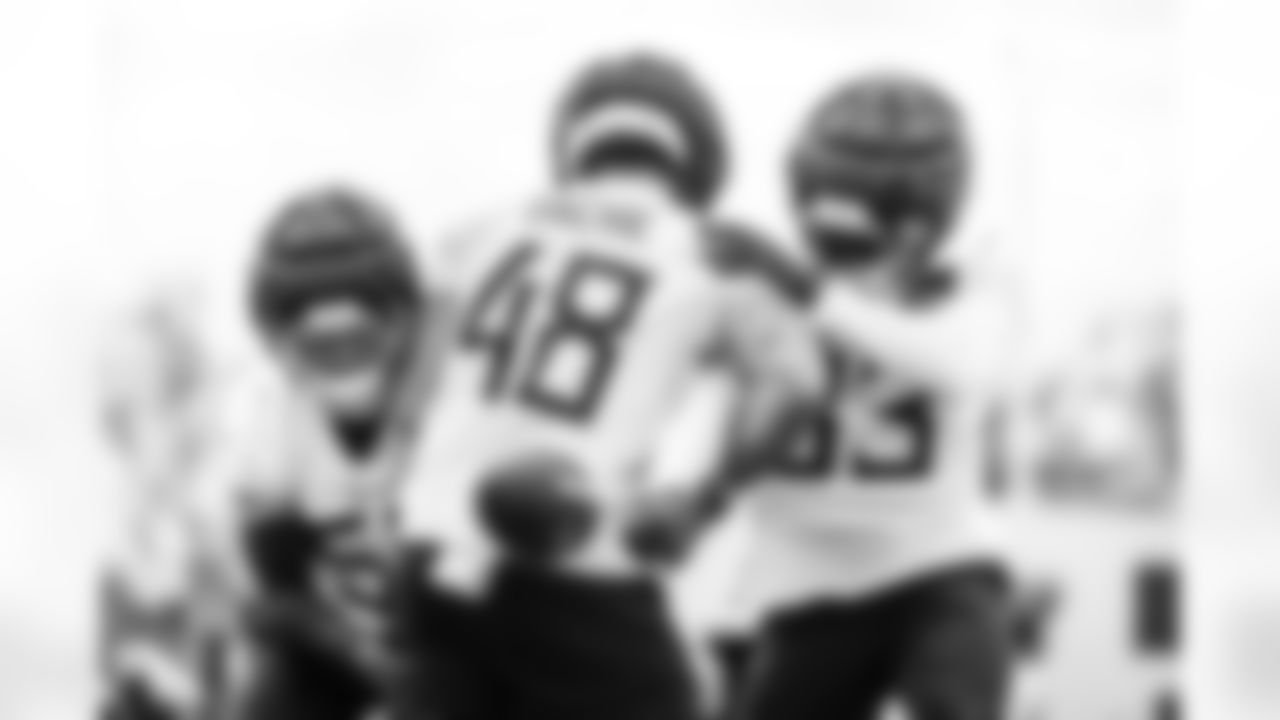 Linebacker Cody Barton #50 of the Tennessee Titans, Linebacker Cedric Gray #33 of the Tennessee Titans and Linebacker Joe Bachie #48 of the Tennessee Titans during practice at the Ascension Saint Thomas Sports Park on October 30, 2025 in Nashville, TN. Photo By Donald Page/Tennessee Titans