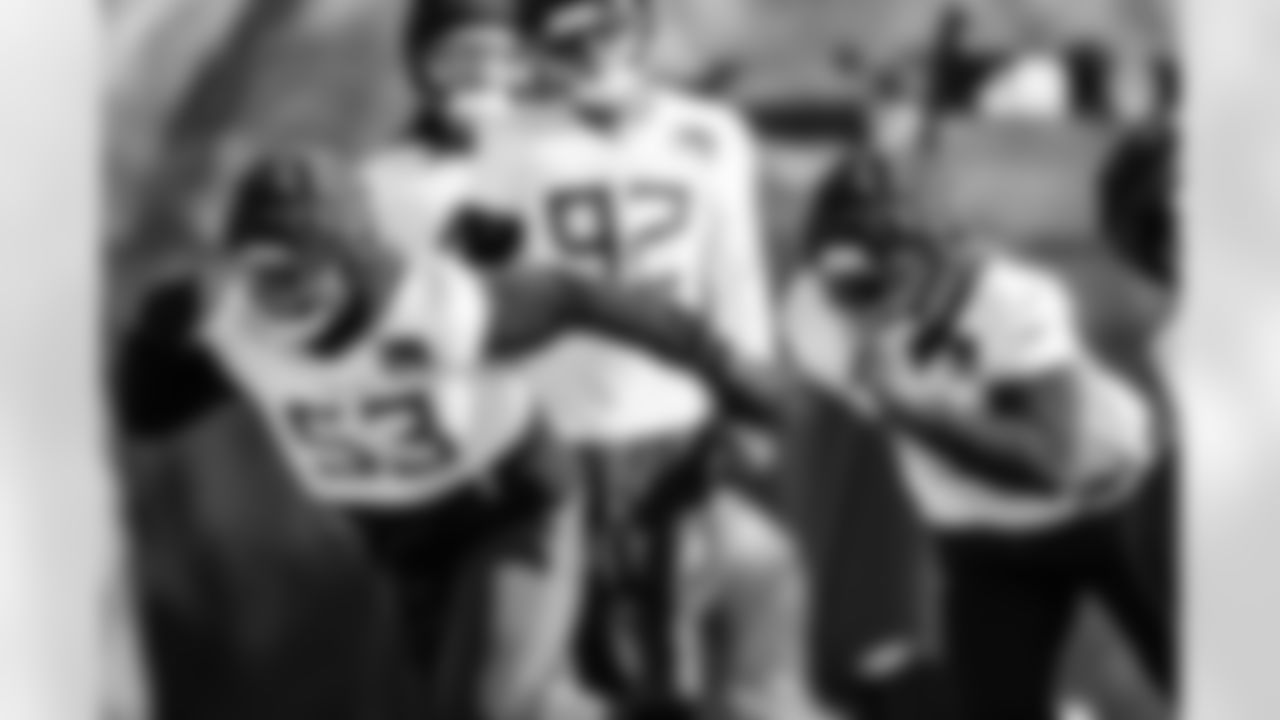 Outside linebacker Jihad Ward #53 of the Tennessee Titans and Defensive tackle Jeffery Simmons #98 of the Tennessee Titans during practice at the Ascension Saint Thomas Sports Park on December 11, 2025 in Nashville, TN. Photo By Jessie Rogers/Tennessee Titans