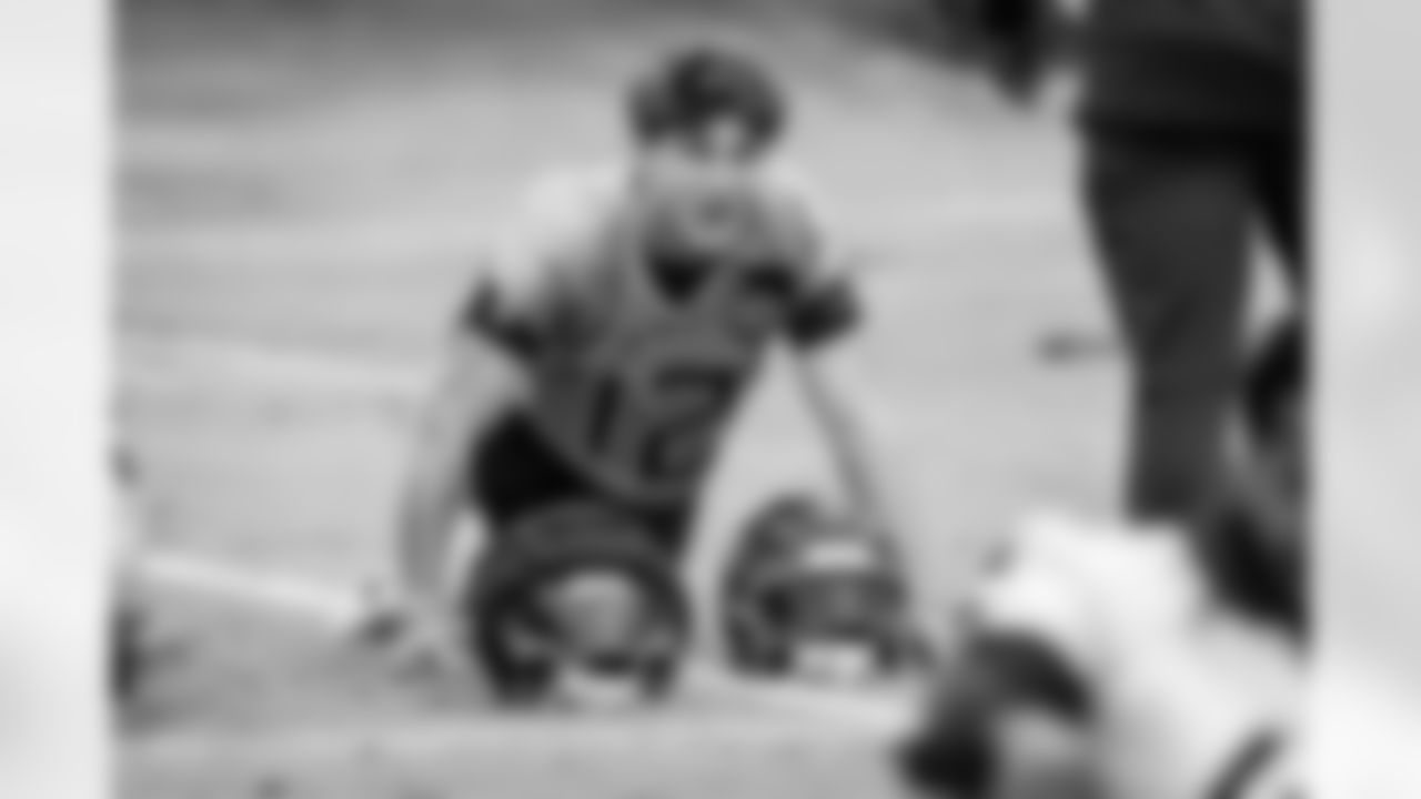 Wide receiver Mason Kinsey #12 of the Tennessee Titans during practice at the Ascension Saint Thomas Sports Park on November 21, 2025 in Nashville, TN. Photo By Beau Brune/Tennessee Titans