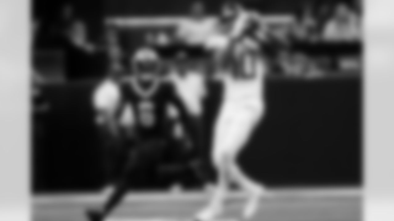 Tennessee Titans wide receiver DeAndre Hopkins (10) makes a catch in front of New Orleans Saints safety Marcus Maye (6) in the first half of an NFL football game in New Orleans, Sunday, Sept. 10, 2023. (AP Photo/Gerald Herbert)