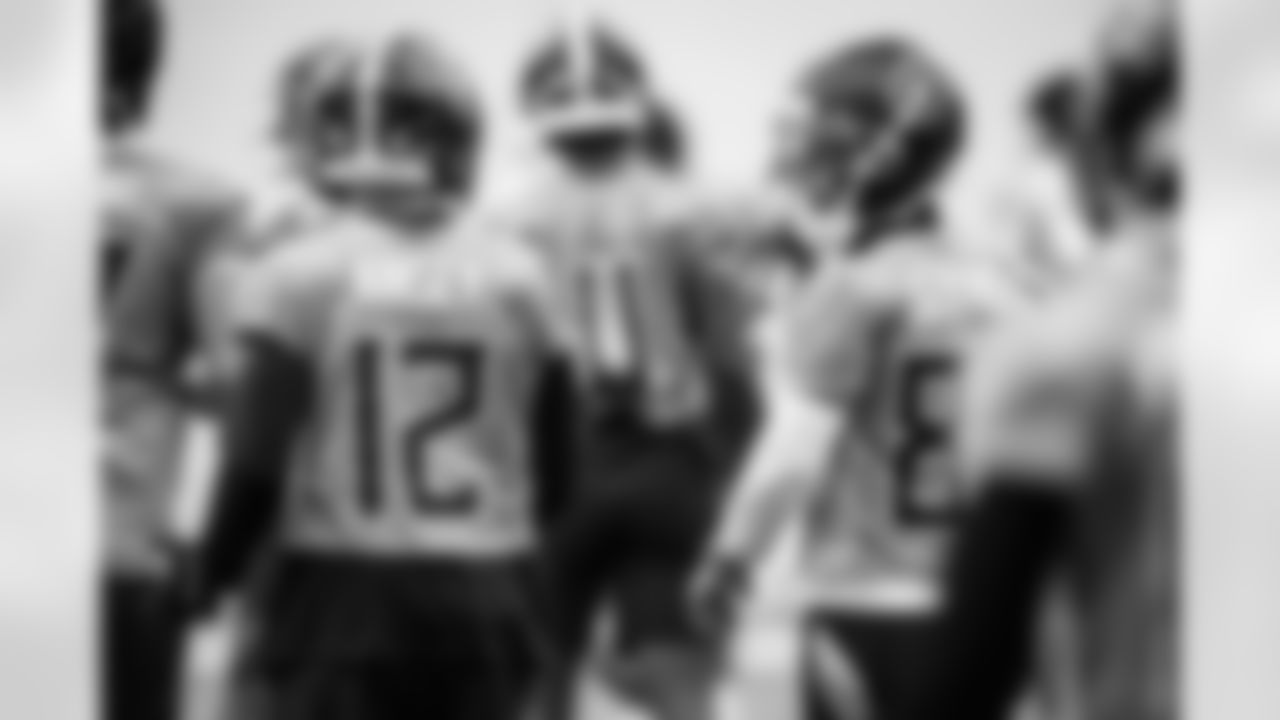 Wide receiver Mason Kinsey #12 of the Tennessee Titans and Wide receiver Xavier Restrepo #87 of the Tennessee Titans during practice in the bubble at the Ascension Saint Thomas Sports Park on November 20, 2025 in Nashville, TN. Photo By Donald Page/Tennessee Titans