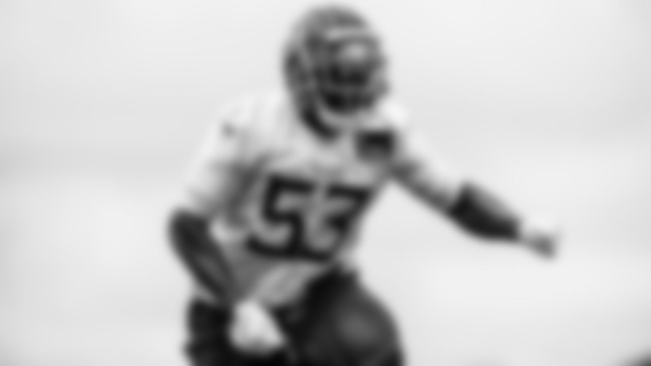 Outside linebacker Oluwafemi Oladejo #53 of the Tennessee Titans during the rookie mini camp practice at Ascension Saint Thomas Sports Park on May 9, 2025 in Nashville, TN. Photo By Jessie Rogers/Tennessee Titans