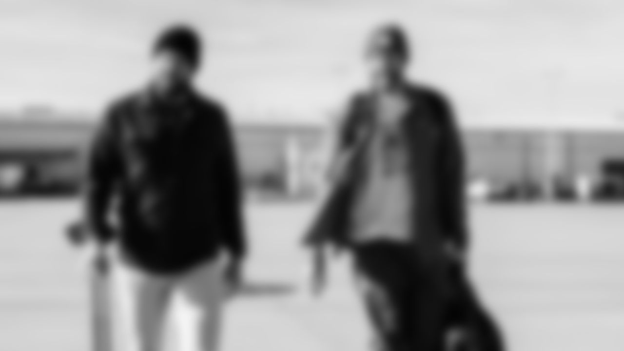 Longsnapper Morgan Cox #46 of the Tennessee Titans and Punter Johnny Hekker #3 of the Tennessee Titans during the travel day at the Nashville International Airport on December 13, 2025 in Nashville, TN. Photo by Donald Page/Tennessee Titans