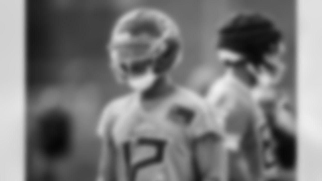 Wide receiver Mason Kinsey #12 of the Tennessee Titans during practice at the Ascension Saint Thomas Sports Park on December 24, 2025 in Nashville, TN. Photo By Beau Brune/Tennessee Titans