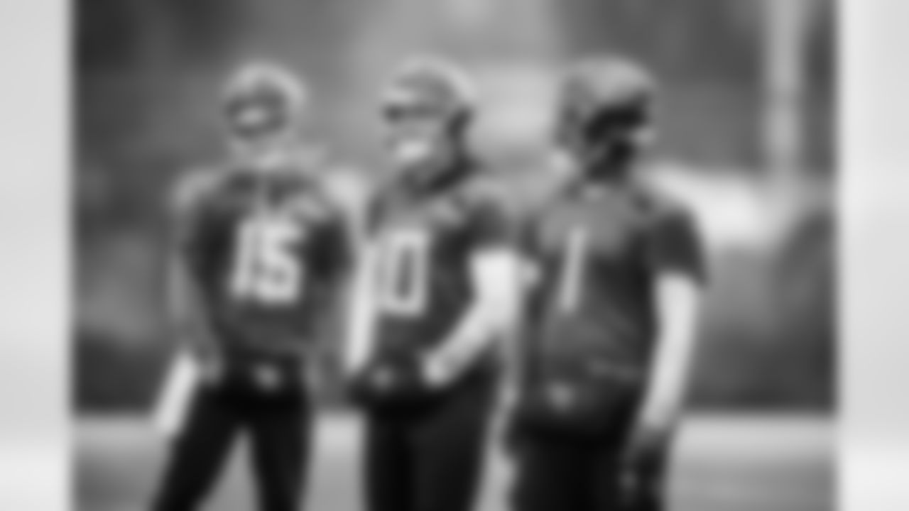 Quarterback Trevor Siemian #15 of the Tennessee Titans, Quarterback Brandon Allen #10 of the Tennessee Titans and Quarterback Cam Ward #1 of the Tennessee Titans during practice at the Ascension Saint Thomas Sports Park on December 4, 2025 in Nashville, TN. Photo By Donald Page/Tennessee Titans