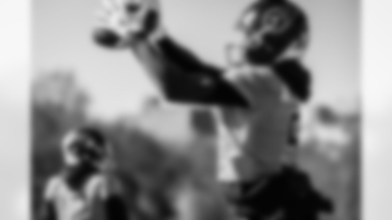 Wide receiver Elic Ayomanor #5 of the Tennessee Titans during practice at the Ascension Saint Thomas Sports Park on November 27, 2025 in Nashville, TN. Photo By Donald Page/Tennessee Titans