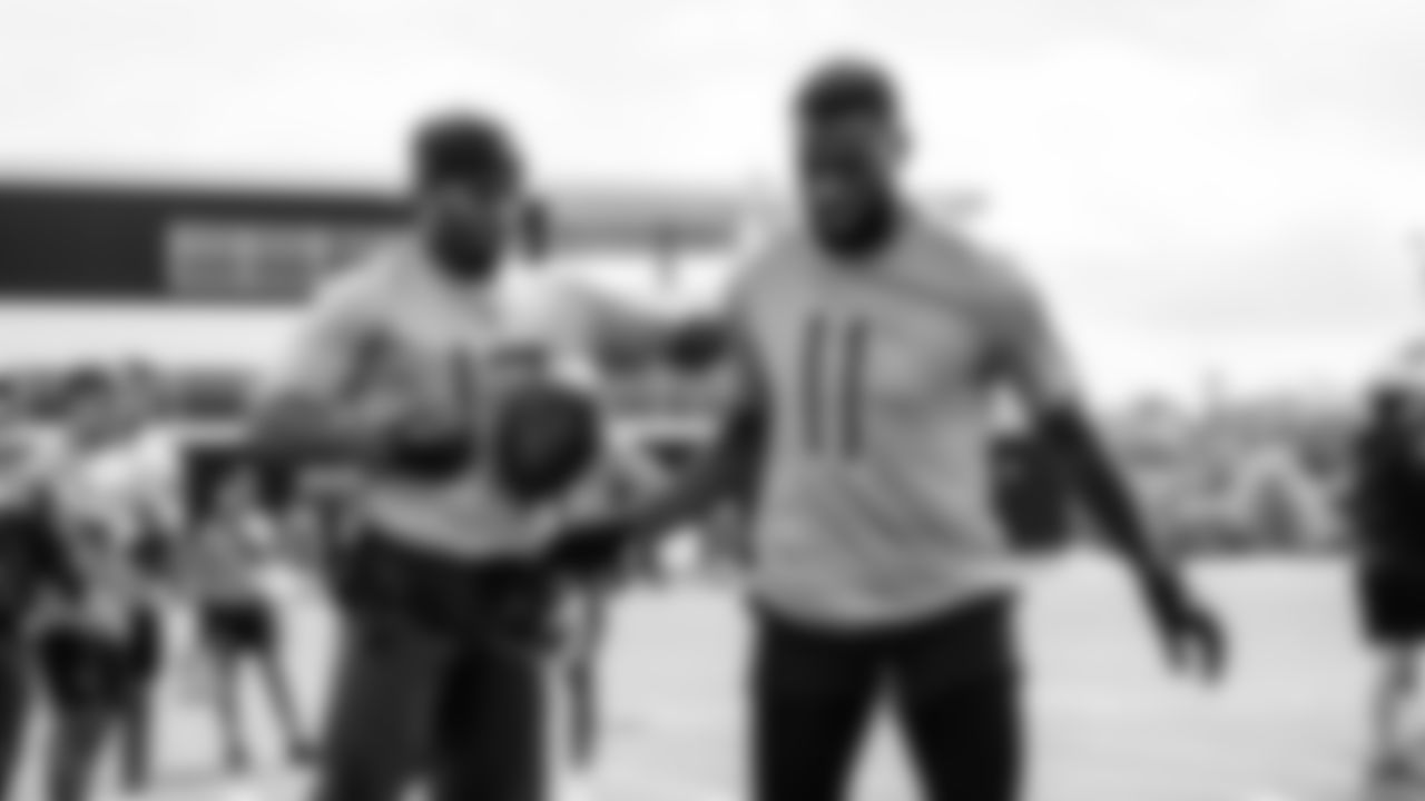 Wide receiver Chimere Dike #17 of the Tennessee Titans and Wide receiver Van Jefferson #11 of the Tennessee Titans during phase 2 workouts at the Ascension Saint Thomas Sports Park on May 14, 2025 in Nashville, TN. Photo By Donald Page/Tennessee Titans