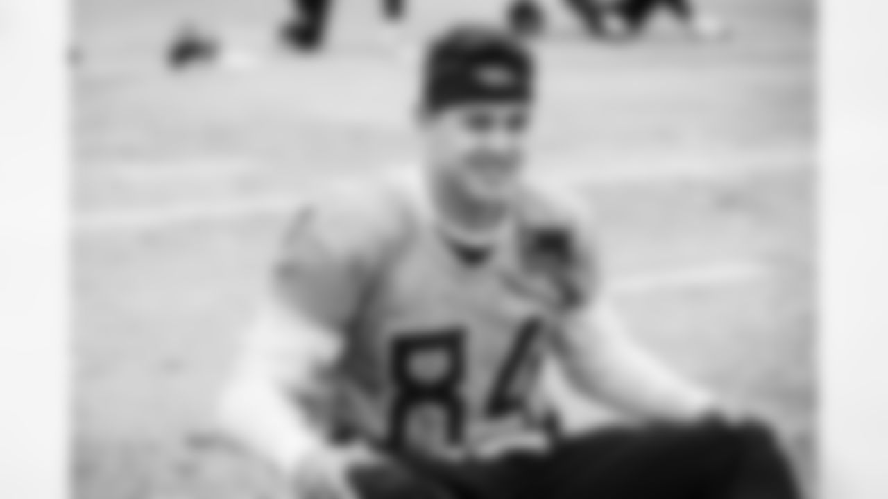 Tight end Gunnar Helm #84 of the Tennessee Titans during practice at the Ascension Saint Thomas Sports Park on December 26, 2025 in Nashville, TN. Photo By Donald Page/Tennessee Titans