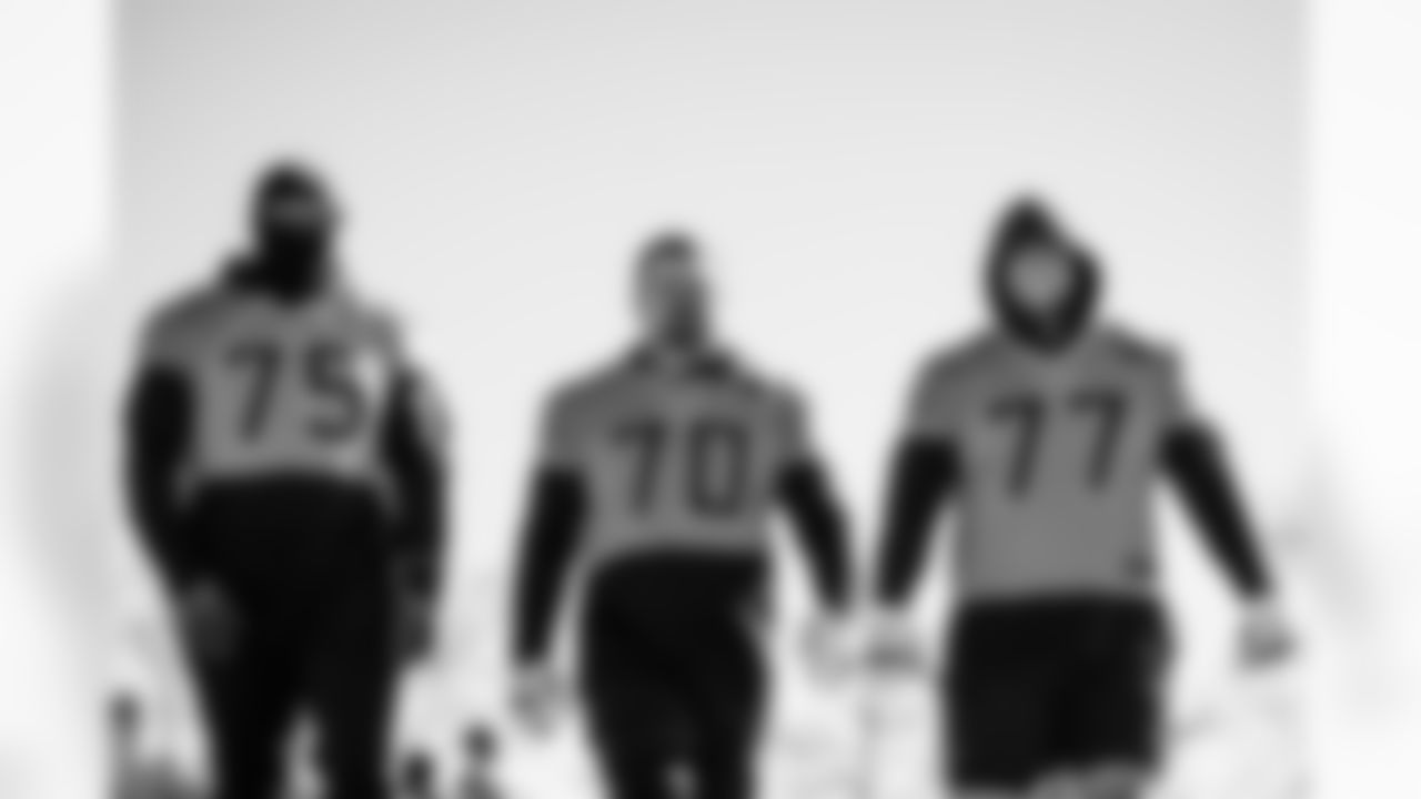 Tackle Dan Moore Jr. #75 of the Tennessee Titans, Guard Kevin Zeitler #70 of the Tennessee Titans and Offensive lineman Peter Skoronski #77 of the Tennessee Titans during practice at the Ascension Saint Thomas Sports Park on December 19, 2025 in Nashville, TN. Photo By Jessie Rogers/Tennessee Titans