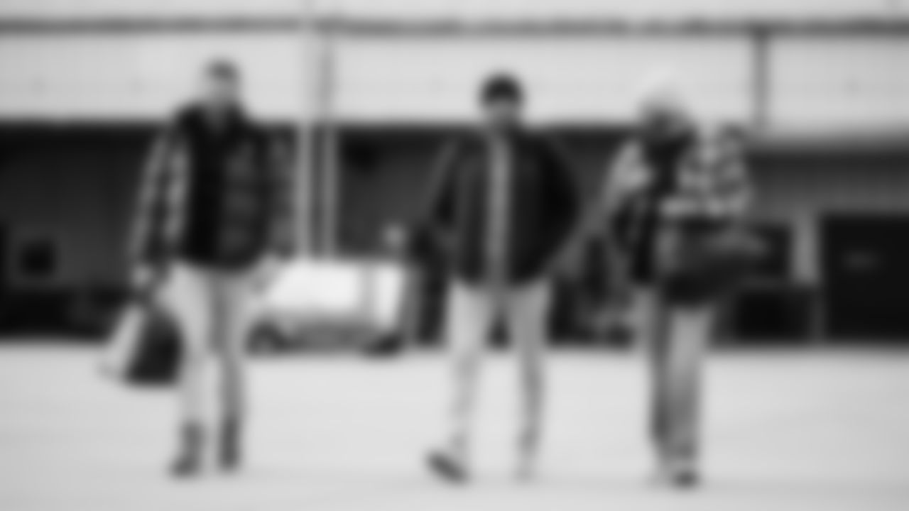 Punter Johnny Hekker #3 of the Tennessee Titans, Longsnapper Morgan Cox #46 of the Tennessee Titans, Quarterback Brandon Allen #10 of the Tennessee Titans during the travel day at the Nashville International Airport on December 06, 2025 in Nashville, TN. Photo by Jessie Roger/Tennessee Titans