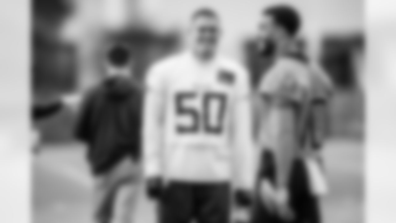 Linebacker Cody Barton #50 of the Tennessee Titans and Wide receiver Lance McCutcheon #82 of the Tennessee Titans during practice at the Ascension Saint Thomas Sports Park on November 21, 2025 in Nashville, TN. Photo By Beau Brune/Tennessee Titans