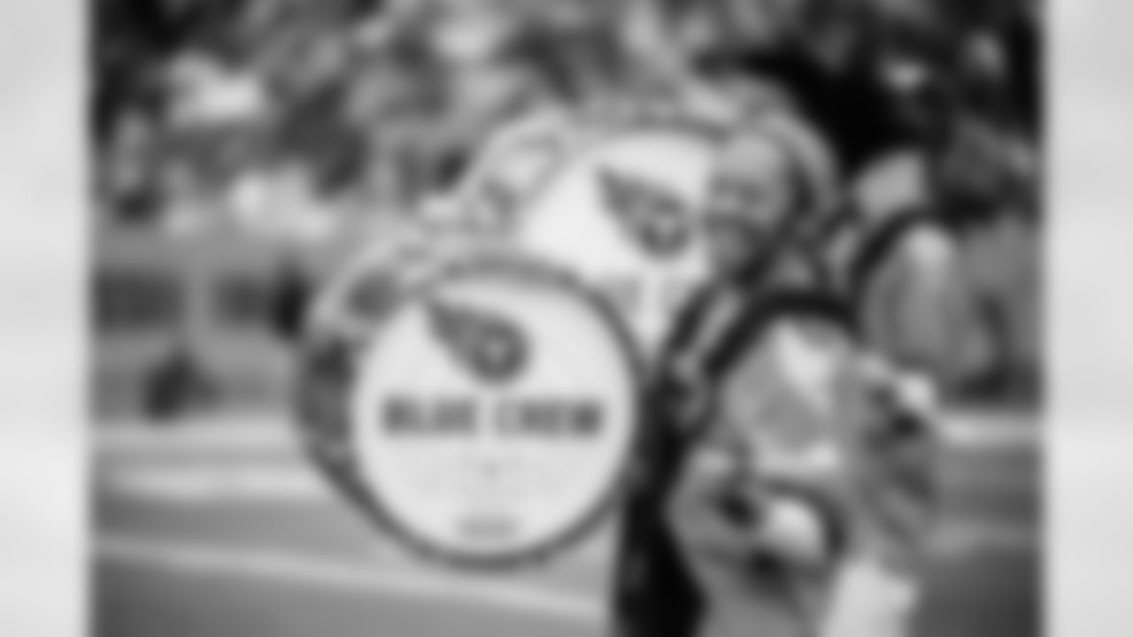 Tennessee Titans Cheerleaders and Blue Crew Drumline performing on the field before the game between the Tennessee Titans and the Los Angeles Chargers at Nissan Stadium on November 02, 2025 in Nashville, TN. Photo By Kaitlyn Hungerford/Tennessee Titans