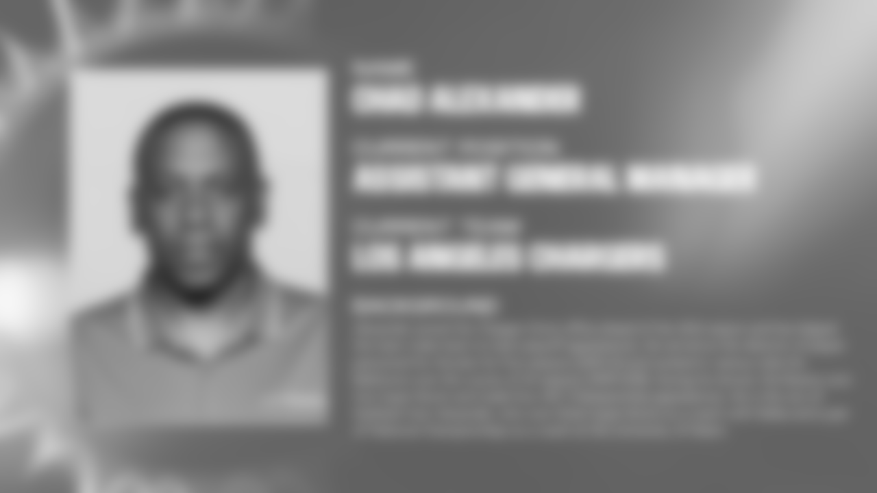 Chad Alexander currently serves as the assistant general manager for the Los Angeles Chargers and offers decades of experience in NFL personnel operations.