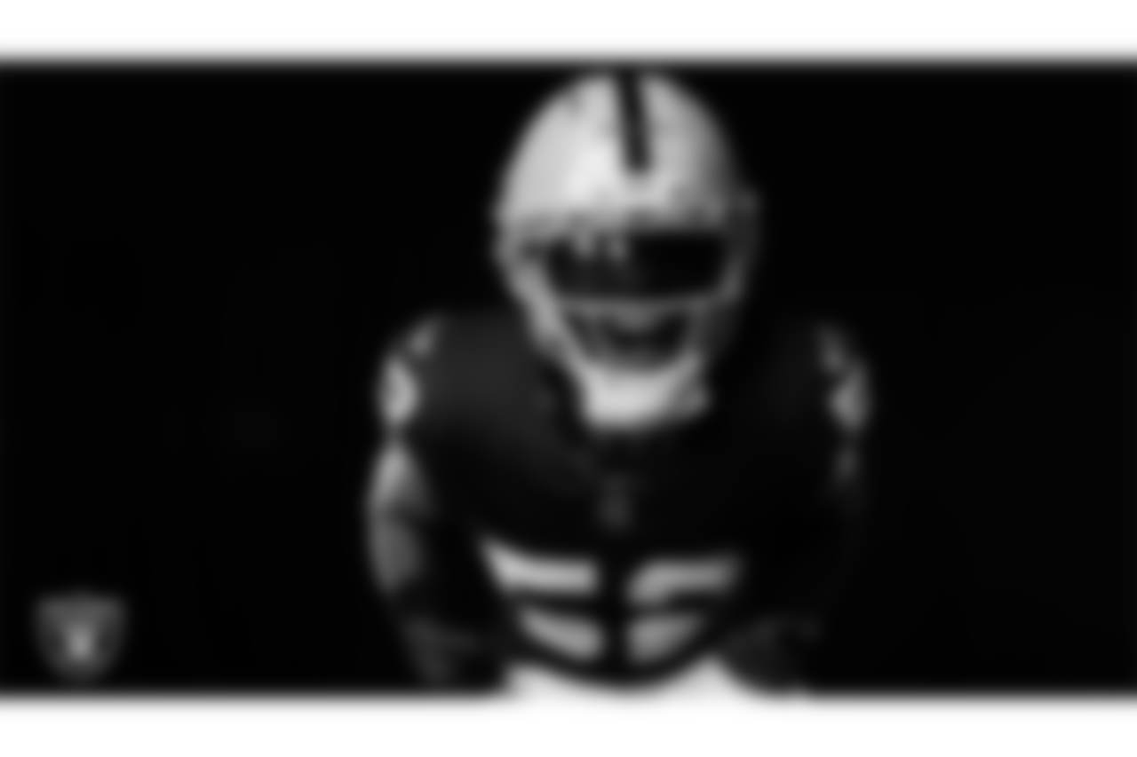 Las Vegas Raiders linebacker Elandon Roberts (52) poses for a photo at the 2025 Raiders Media Day.