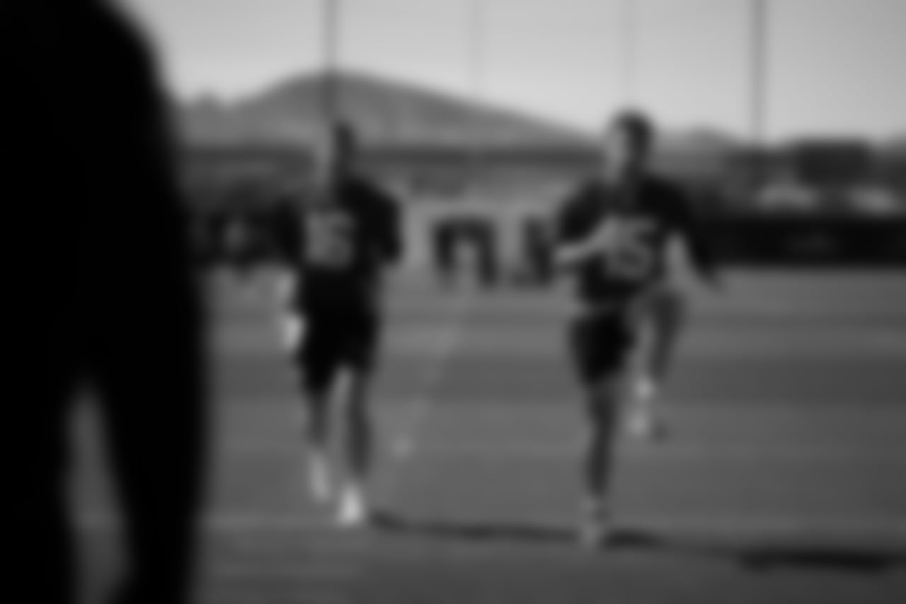 Las Vegas Raiders quarterback Jacob Clark (16) and quarterback Fernando Mendoza (15) at a workout during phase two of the offseason program at Intermountain Health Performance Center.