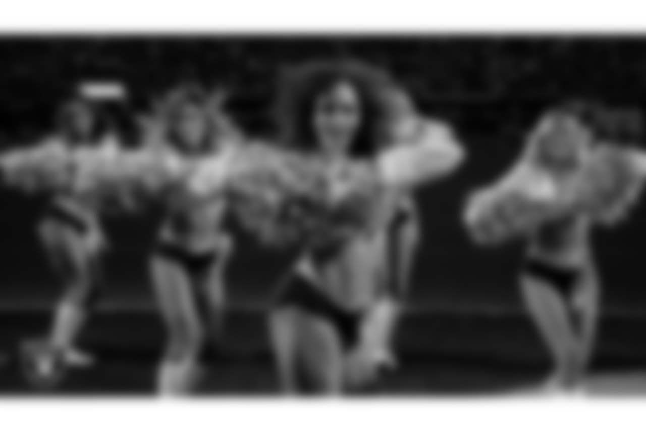 Raiderette Makenna performs on the field during the regular season home game against the Kansas City Chiefs at Allegiant Stadium.