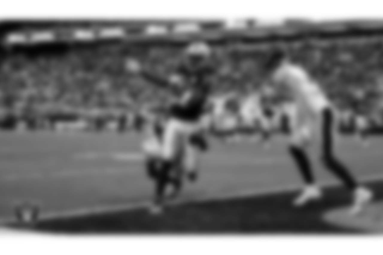Las Vegas Raiders wide receiver Kristian Wilkerson (83) runs after making a 9-yard touchdown catch during the regular season home game against the Pittsburgh Steelers at Allegiant Stadium.