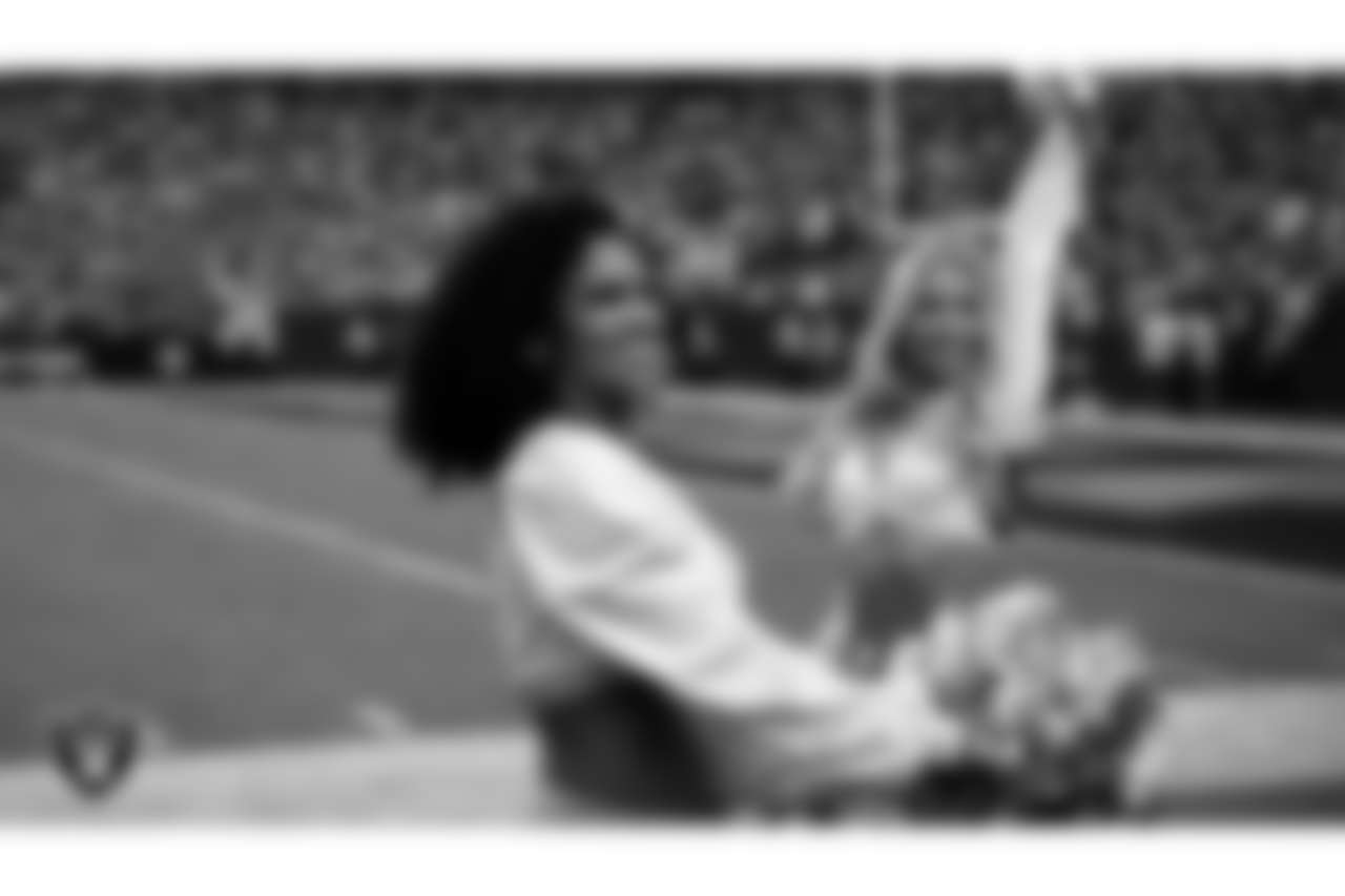 Raiderette Shayla on the sidelines during the regular season home game against the Pittsburgh Steelers at Allegiant Stadium.