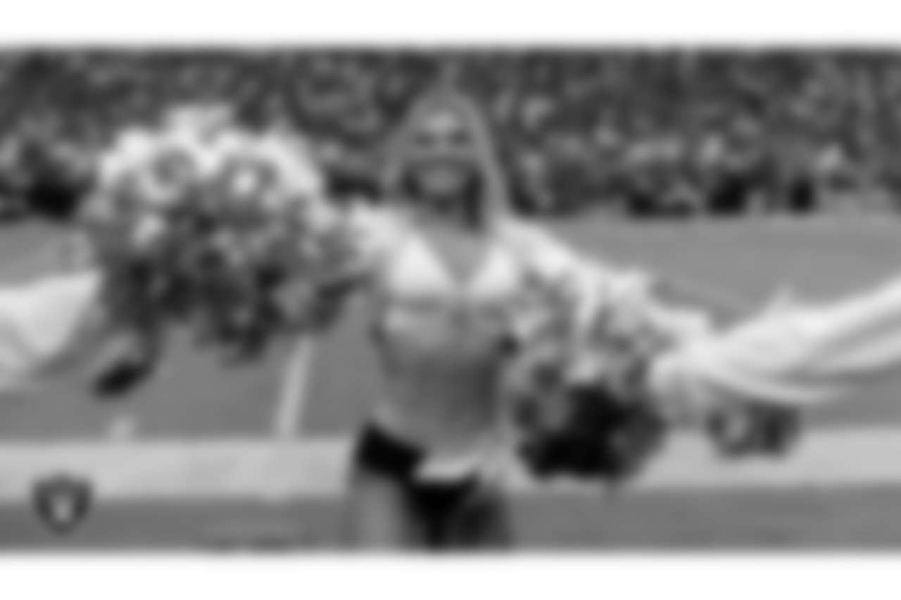 Raiderette Ali on the sidelines during the regular season home game against the Tennessee Titans at Allegiant Stadium.
