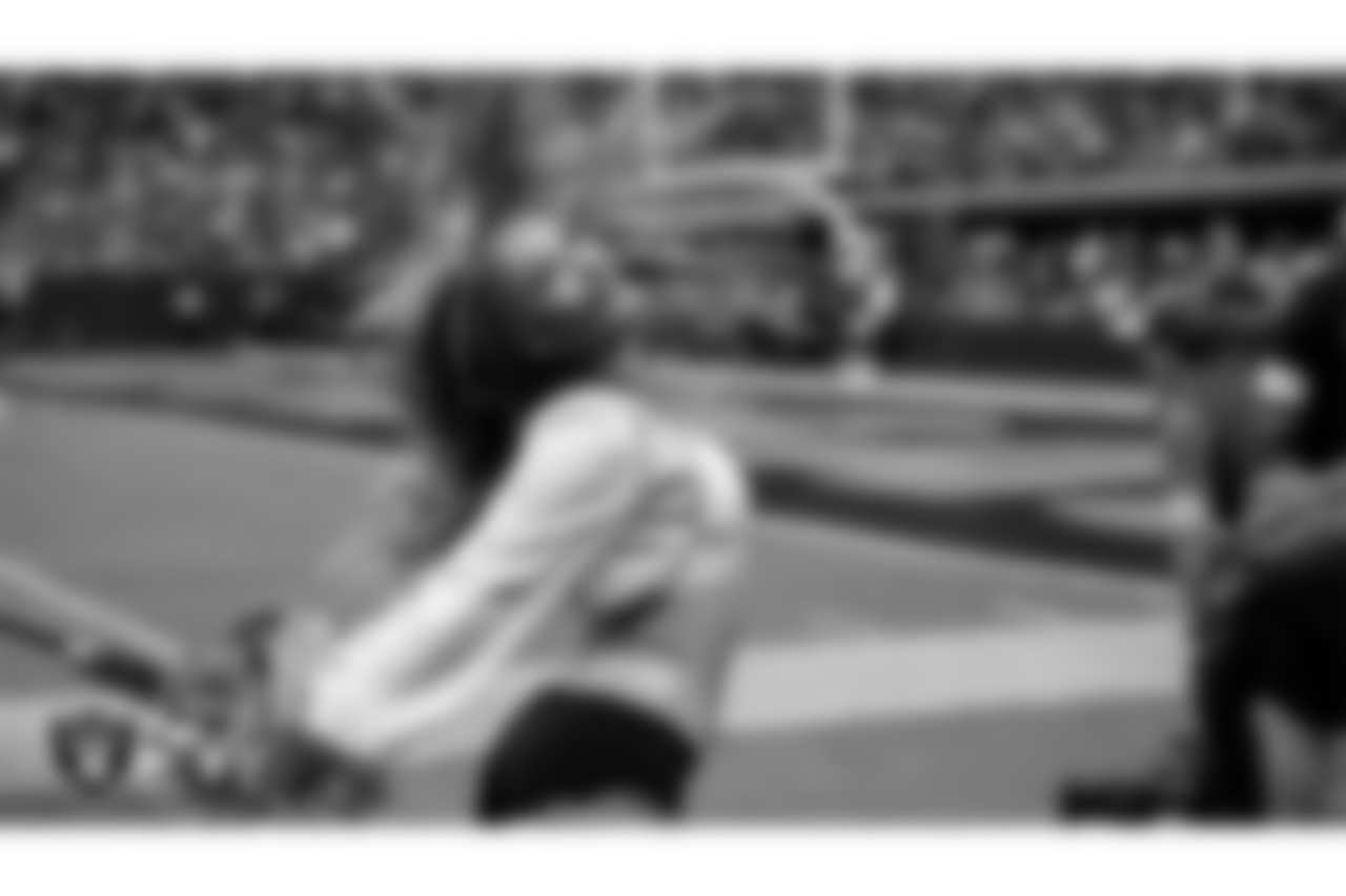 Raiderette Madisyn performs on the sidelines during the regular season home game against the Tennessee Titans at Allegiant Stadium.