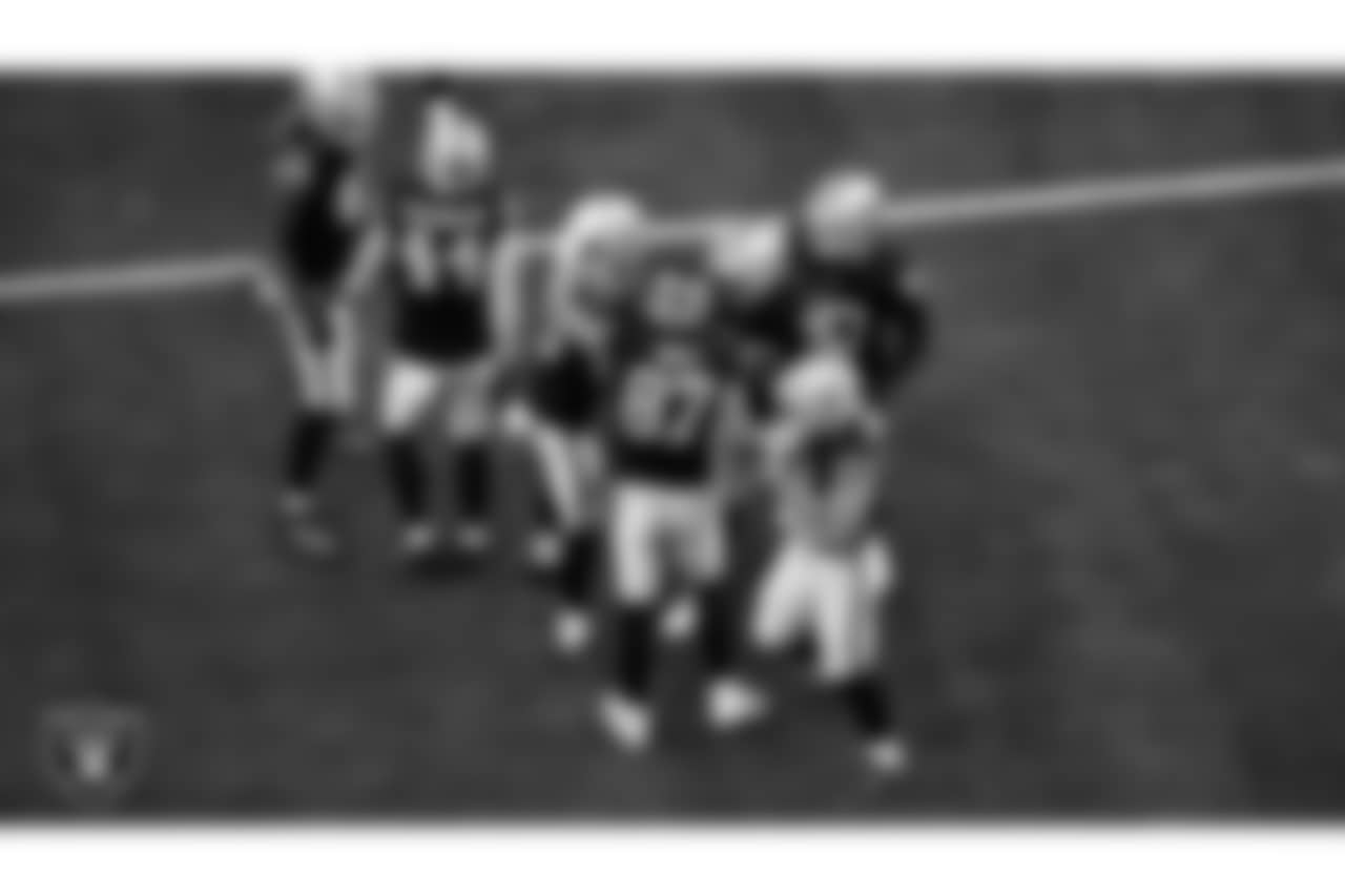 Las Vegas Raiders tight end Michael Mayer (87) celebrates with teammates after making a tackle during the regular season home game against the Jacksonville Jaguars at Allegiant Stadium.