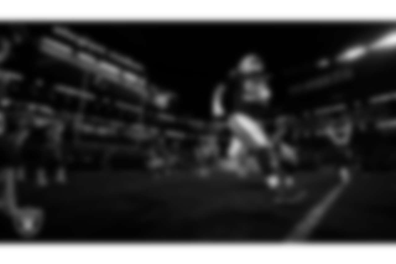 Las Vegas Raiders defensive tackle Jonah Laulu (96) as the team is introduced onto the field before the regular season home game against the Atlanta Falcons at Allegiant Stadium.
