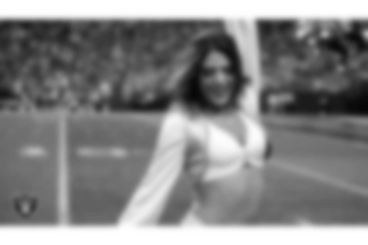 Raiderette Claudia on the sidelines during the regular season home game against the Minnesota Vikings at Allegiant Stadium.