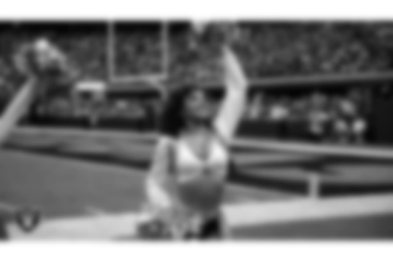 Raiderette Makenna on the sidelines during the regular season home game against the Pittsburgh Steelers at Allegiant Stadium.