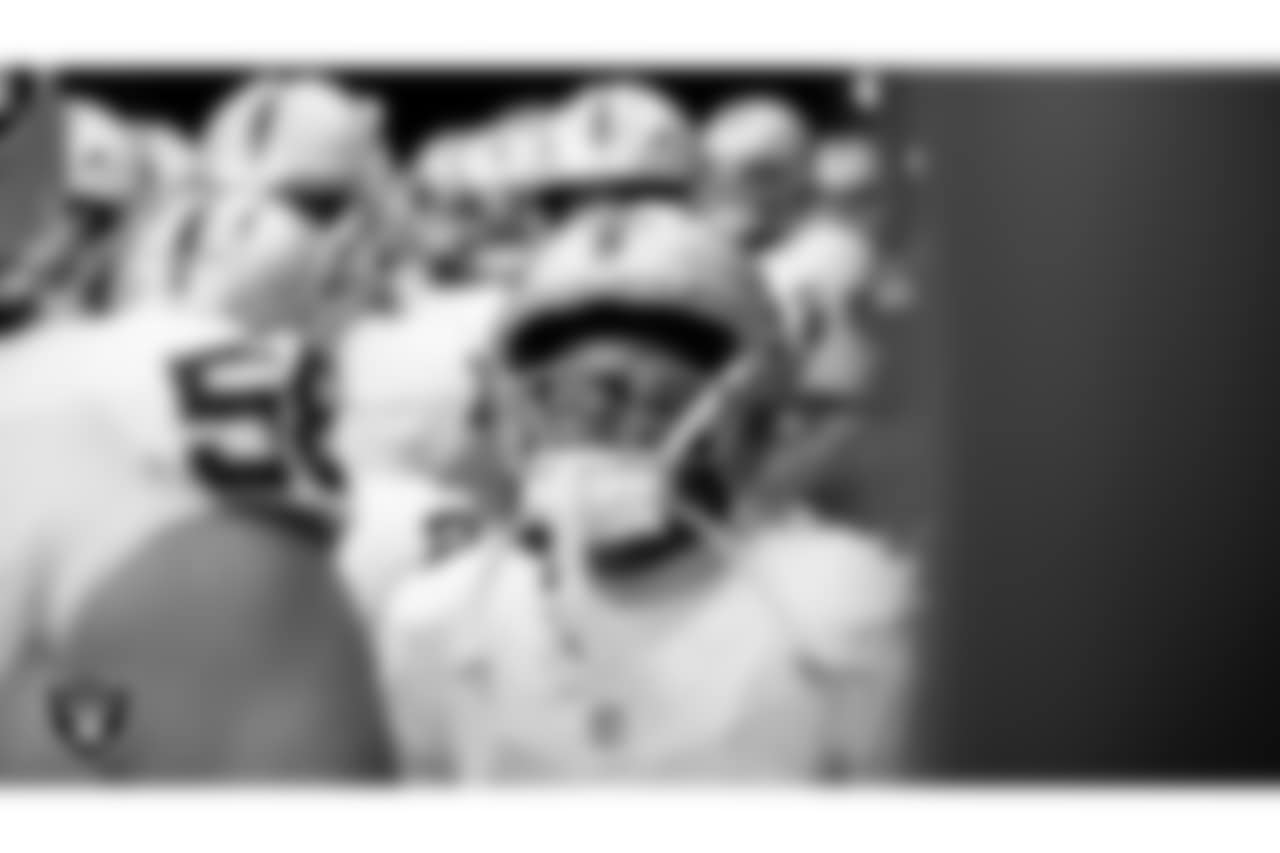Las Vegas Raiders wide receiver Tre Tucker (1) waits for the team to be introduced onto the field before the  regular season away game against the Washington Commanders at Northwest Stadium.