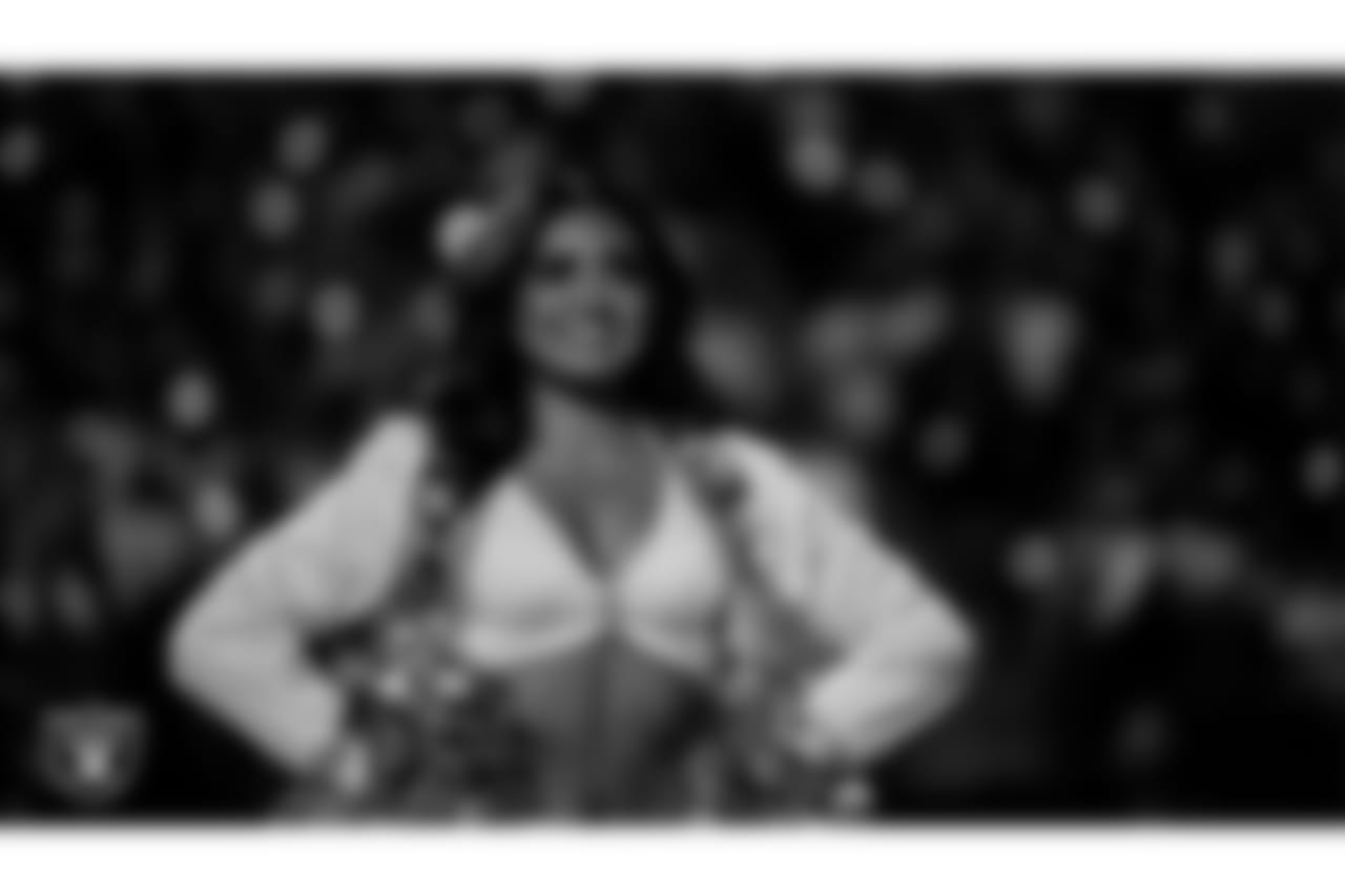 Raiderette Sloane during player introductions before the regular season home game against the Dallas Cowboys at Allegiant Stadium.