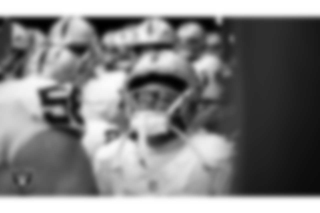 Las Vegas Raiders wide receiver Tre Tucker (1) waits for the team to be introduced onto the field before the regular season away game against the Washington Commanders at Northwest Stadium.
