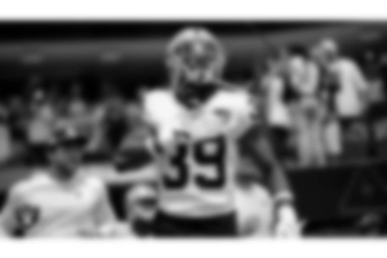 Las Vegas Raiders cornerback Nate Hobbs (39) as the team is introduced onto the field before their regular season away game against the Los Angeles Chargers at SoFi Stadium.
