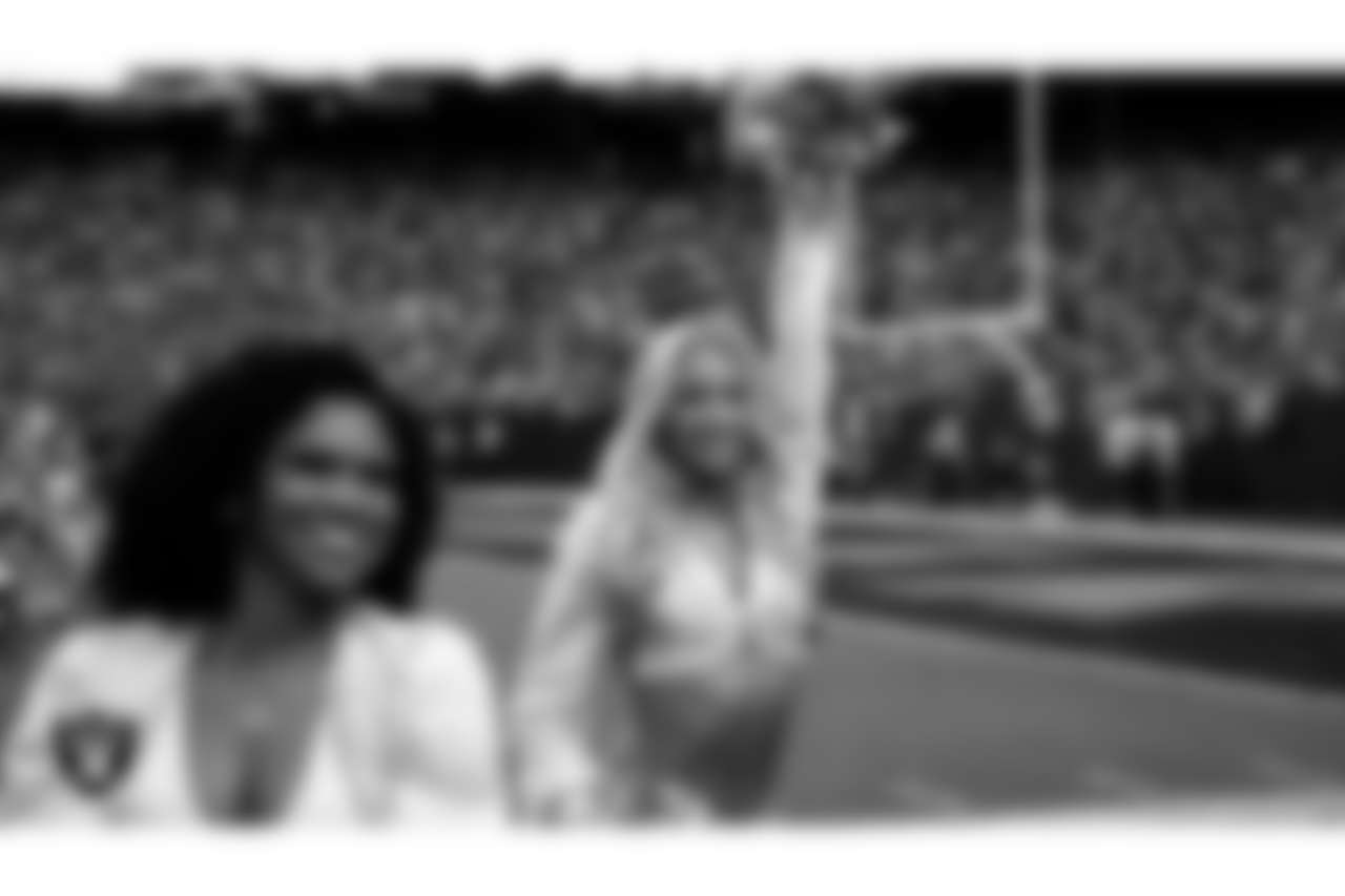 Raiderette Delaney on the sidelines during the regular season home game against the Pittsburgh Steelers at Allegiant Stadium.