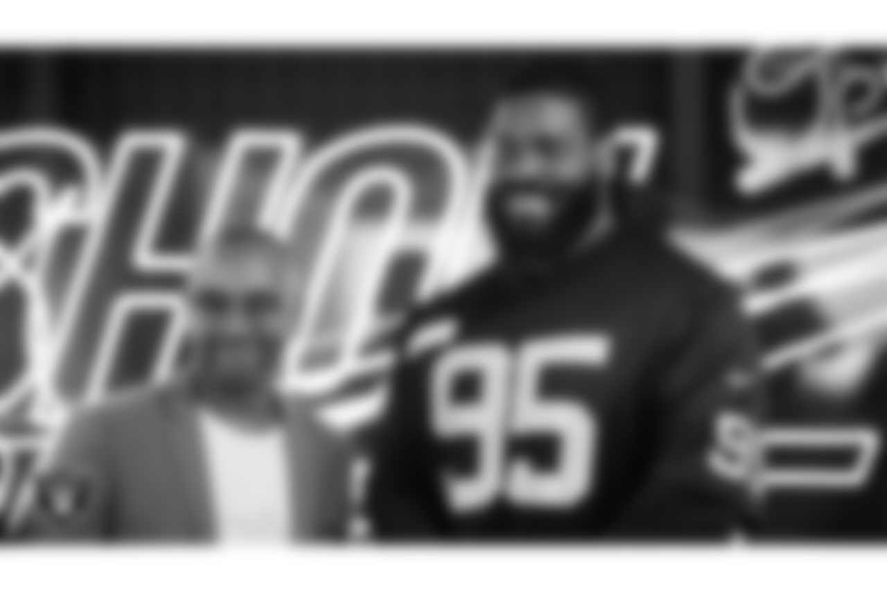 Las Vegas Raiders defensive tackle John Jenkins (95) meets with representatives from the Avery Burton Foundation to design cleats for My Cause My Cleats at Shoe Palace Corporate Offices.