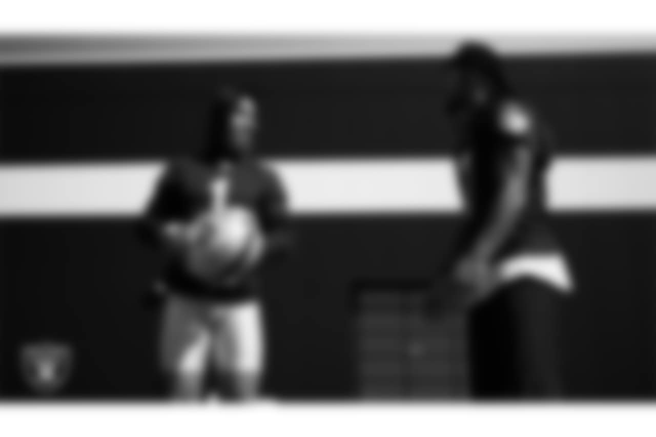 Las Vegas Raiders safety Marcus Epps (1) and safety Tre'von Moehrig (7) during practice at Intermountain Health Performance Center.