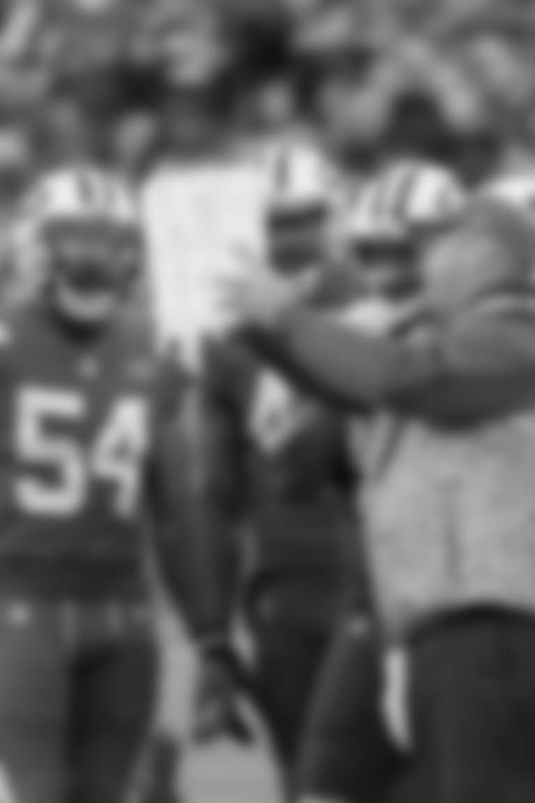 New York Jets special teams coordinator Brant Boyer directs his players during the second half of an NFL football game against the Carolina Panthers, Sunday, Nov. 26, 2017, in East Rutherford, N.J. (AP Photo/Bill Kostroun)