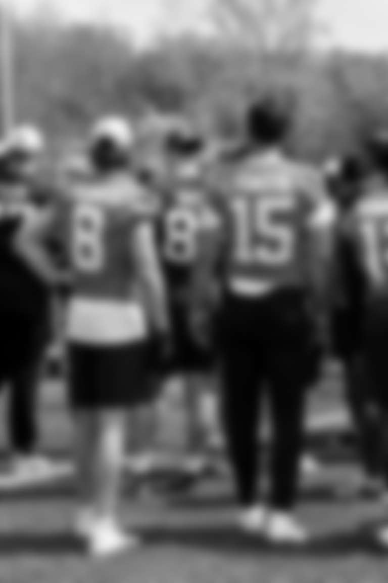 Quarterback Dillon Gabriel (5), Quarterback Kenny Pickett (8), Quarterback Joe Flacco (15) and Quarterback Shedeur Sanders (12) during fieldwork in Phase II of the offseason at CrossCountry Mortgage Campus on May 12, 2025.