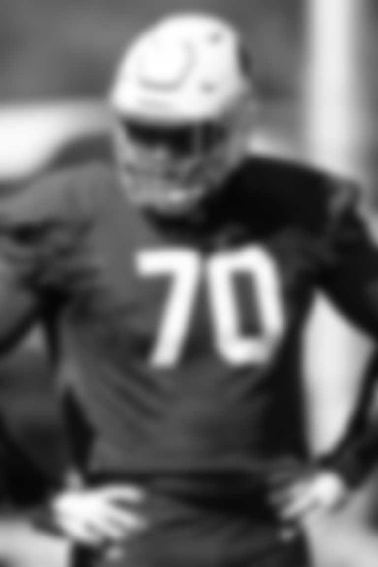 Arizona Cardinals offensive lineman Paris Johnson Jr. (70) and Arizona Cardinals Head Coach Jonathan Gannon during practice at the Dignity Health Training Facility on Wednesday, November 8, 2023 in Tempe, AZ.