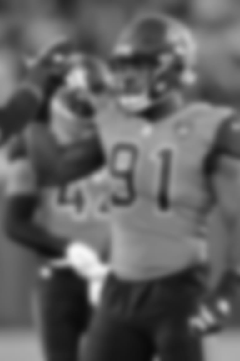 Jacksonville Jaguars rookie linebacker Blair Brown (53) and defensive end Yannick Ngakoue (91) against the Seattle Seahawks in a NFL game Sunday, December 10, 2017 in Jacksonville, Fl.  (Rick Wilson via AP)