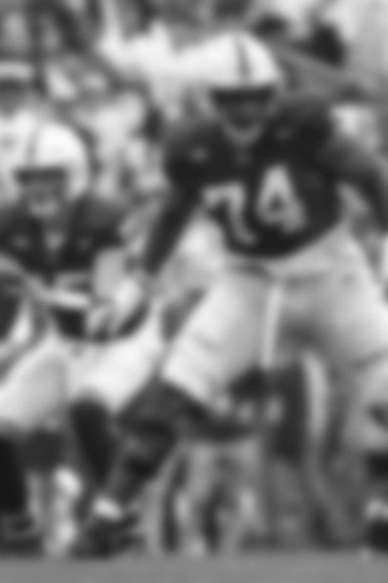 Penn State offensive lineman Olumuyiwa Fashanu (74) looks to block Indiana defensive lineman Andre Carter (1) during the first half of an NCAA college football game, Saturday, Oct. 28, 2023, in State College, Pa. (AP Photo/Barry Reeger)