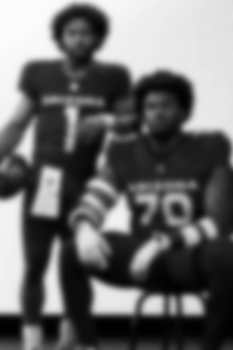 Arizona Cardinals offensive lineman Paris Johnson Jr. (70) and Arizona Cardinals quarterback Kyler Murray (1) during 2025 Media Day on Monday, June 9, 2025 in Tempe, AZ.